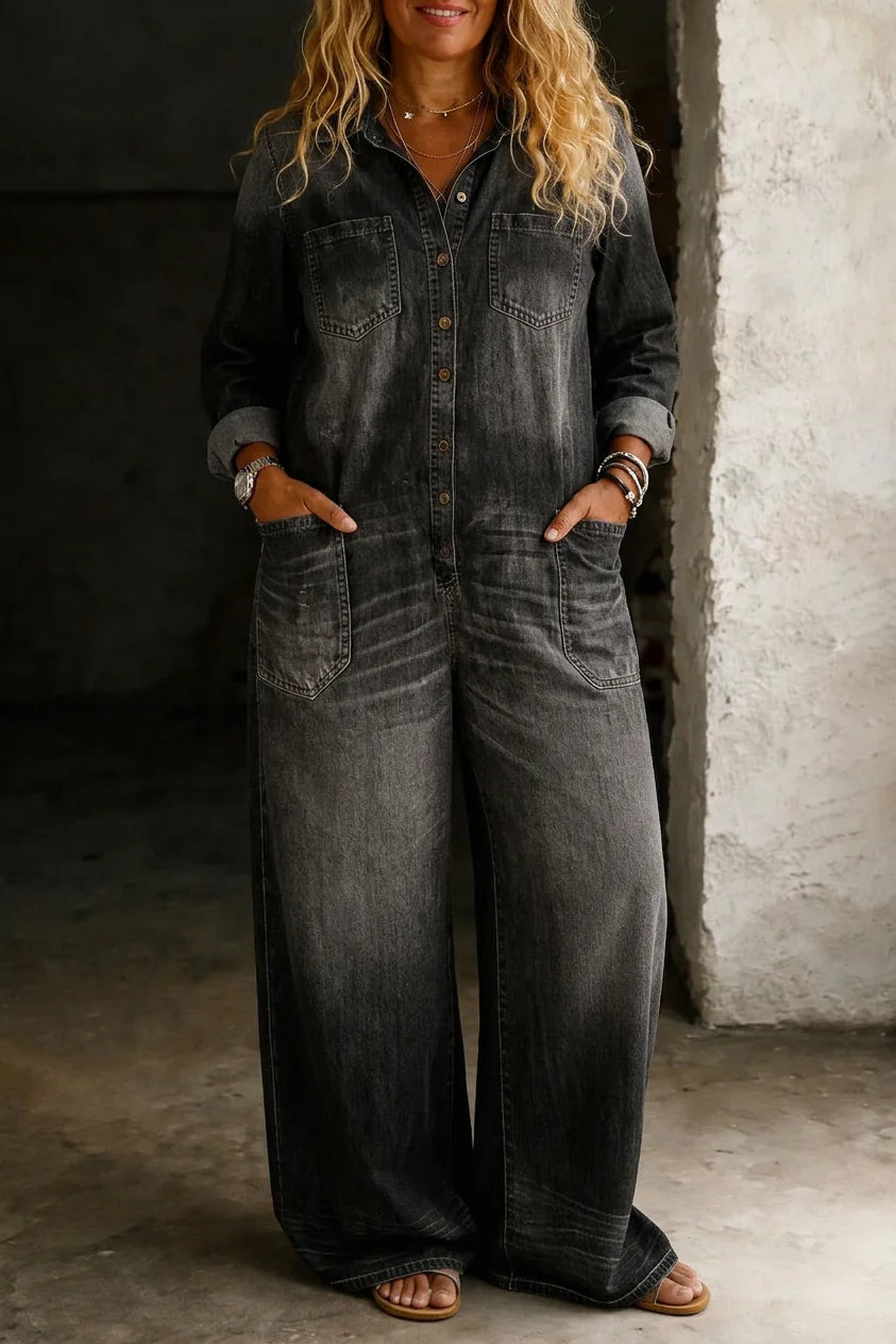 Black Women's Denim Button-Front Jumpsuits — Hattie Chambray Wide-Leg Pockets - Front Torso Detail