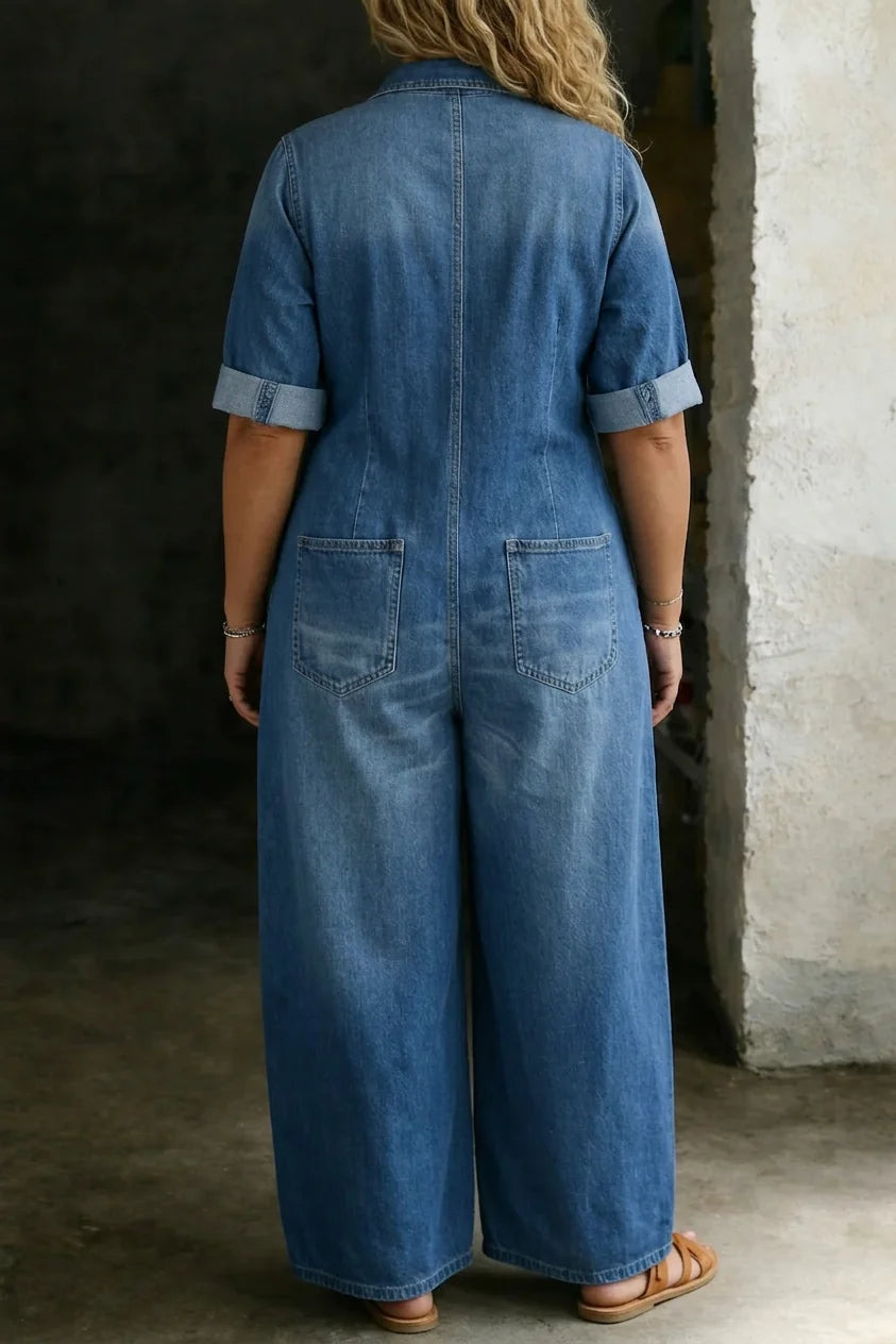 Blue Women's Denim Button-Front Jumpsuits — Hattie Chambray Wide-Leg Pockets - Back Full