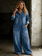 Blue Women's Denim Button-Front Jumpsuits - Front Full