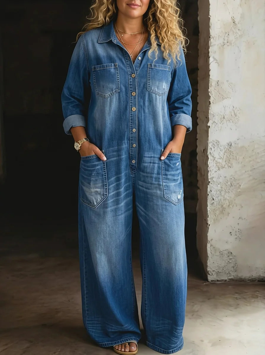 Blue Women's Denim Button-Front Jumpsuits — Hattie Chambray Wide-Leg Pockets - Hands In Pockets Detail