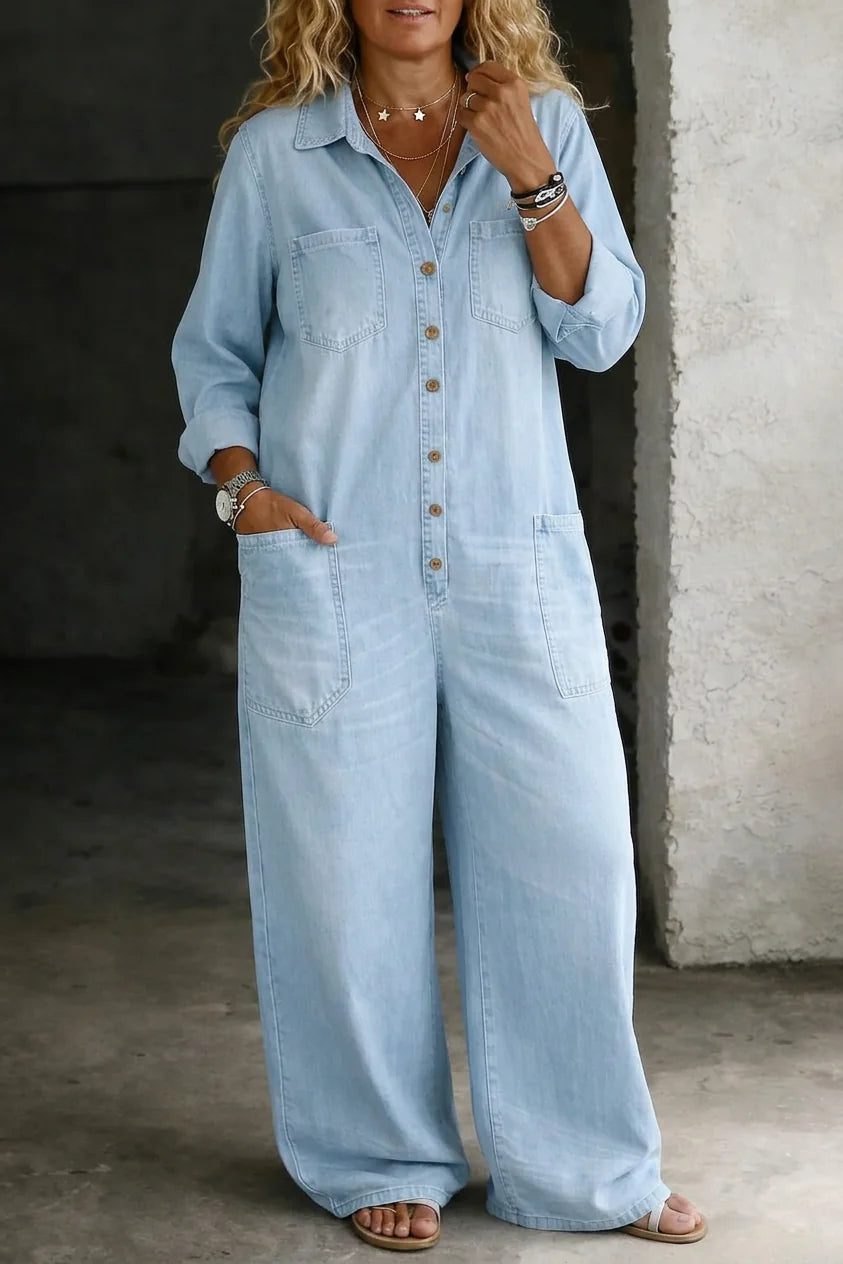 Light Blue Women's Denim Button-Front Jumpsuits — Hattie Chambray Wide-Leg Pockets - Front Torso View