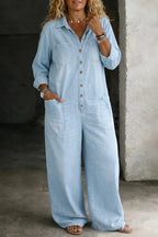 Women's Denim Button-Front Jumpsuits - Front Torso View