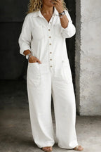 White Women's Denim Button-Front Jumpsuits - Phone Selfie Detail