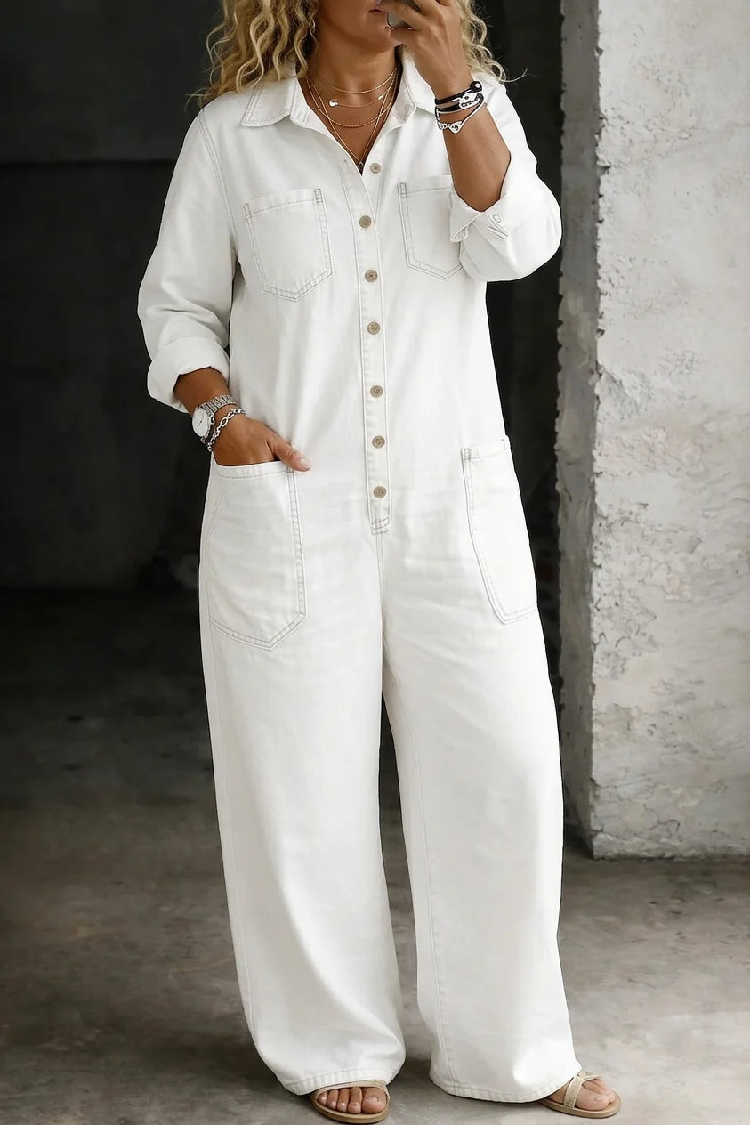 White Women's Denim Button-Front Jumpsuits — Hattie Chambray Wide-Leg Pockets - Phone Selfie Detail
