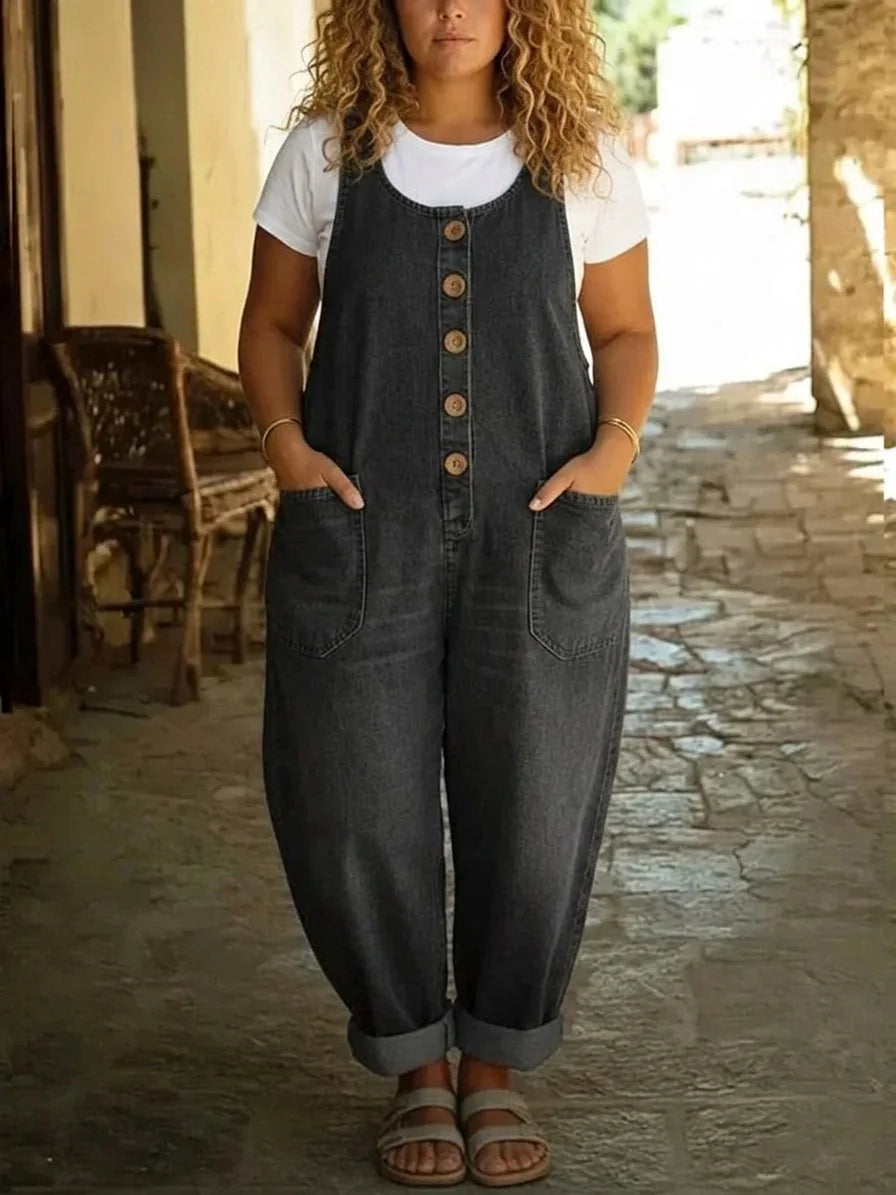 Black Women's Denim Overalls Jumpsuit — Rita Button-Front Wide-Leg Pockets - Hands In Pockets