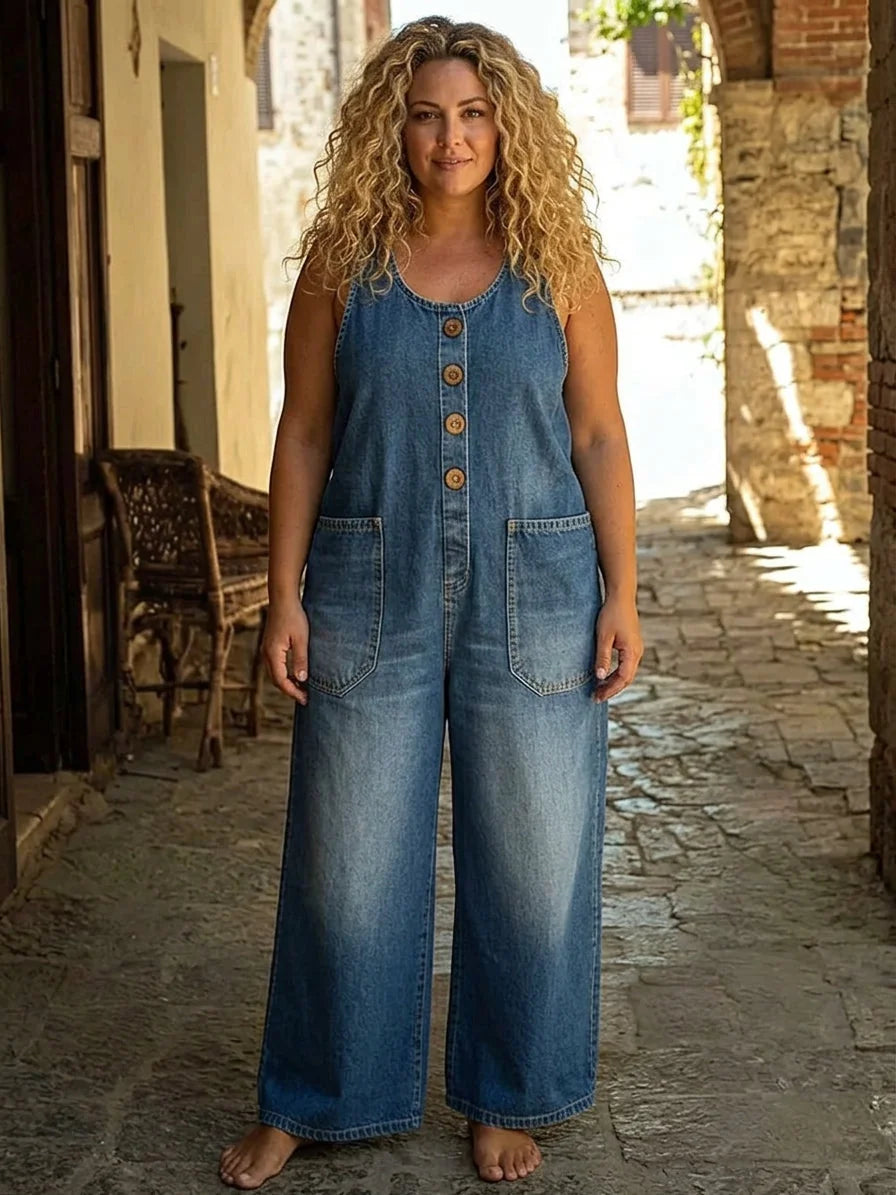 Blue Women's Denim Overalls Jumpsuit — Rita Button-Front Wide-Leg Pockets - Front Full