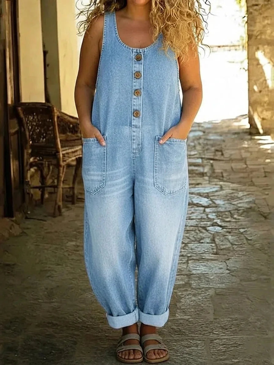 Light Blue Women's Denim Overalls Jumpsuit — Rita Button-Front Wide-Leg Pockets - Front Cropped