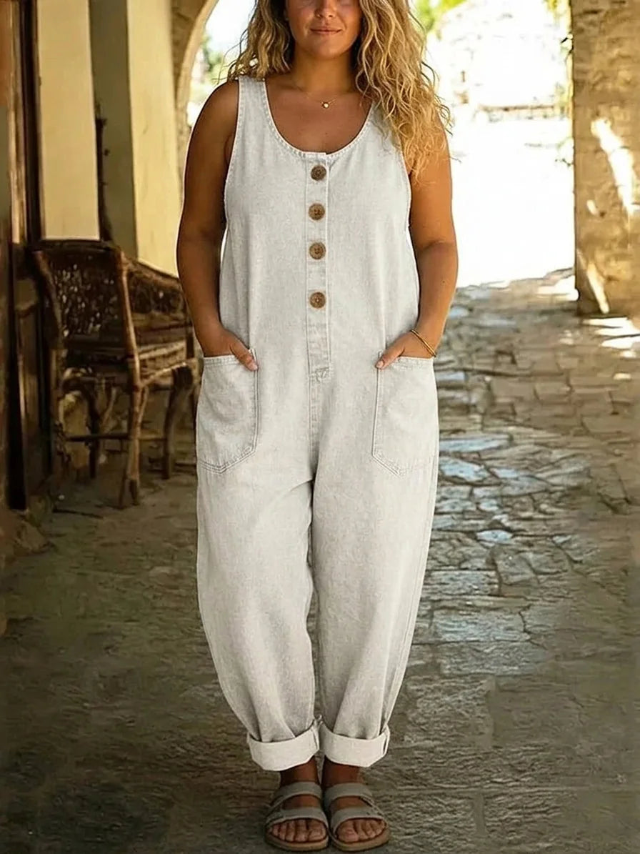 White Women's Denim Overalls Jumpsuit — Rita Button-Front Wide-Leg Pockets - Front Worn