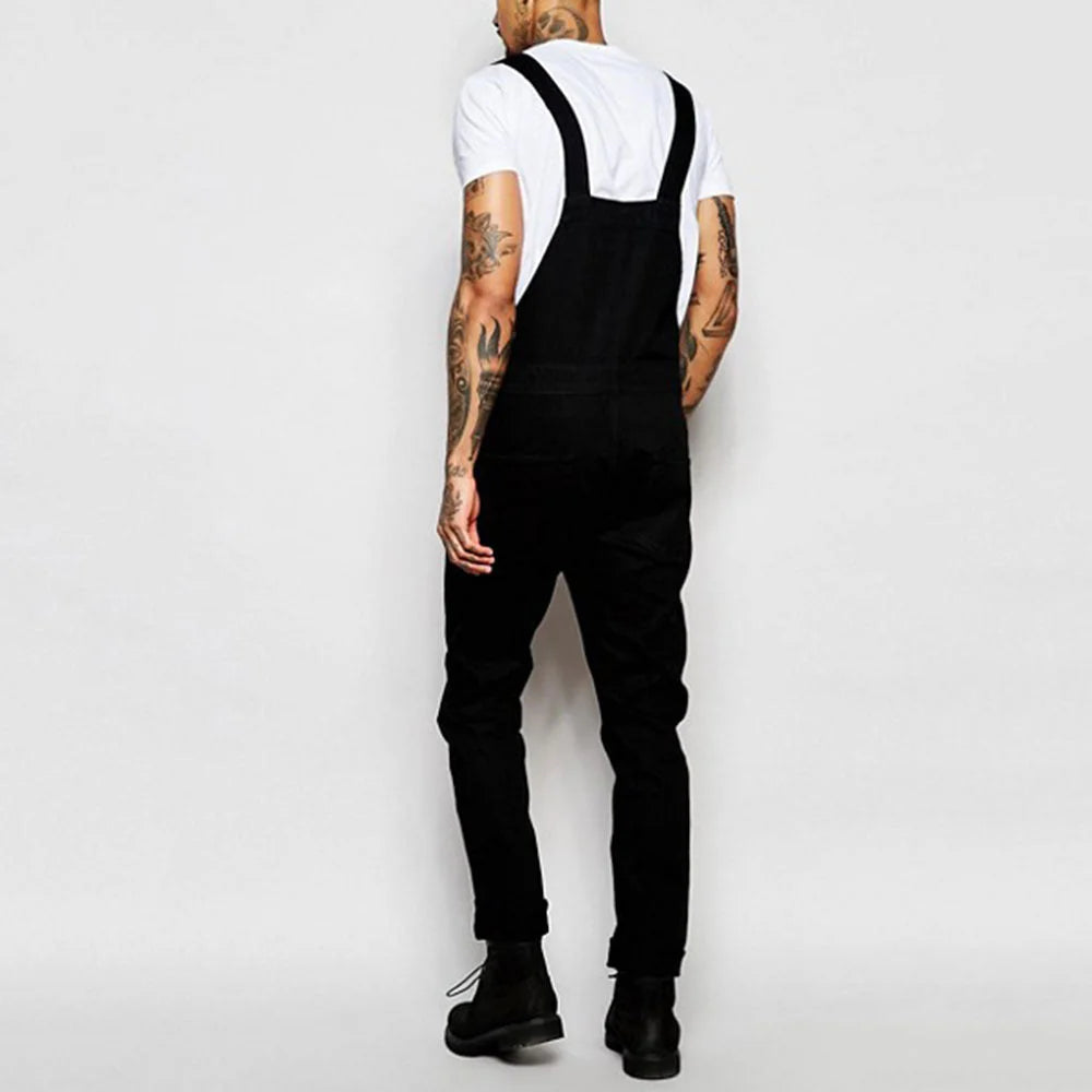 Black Men's Casual Denim Overalls — Julian Stretch Relaxed-Fit Adjustable Straps - Back Full
