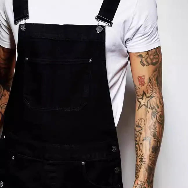 Black Men's Casual Denim Overalls — Julian Stretch Relaxed-Fit Adjustable Straps - Close Up Pocket Detail