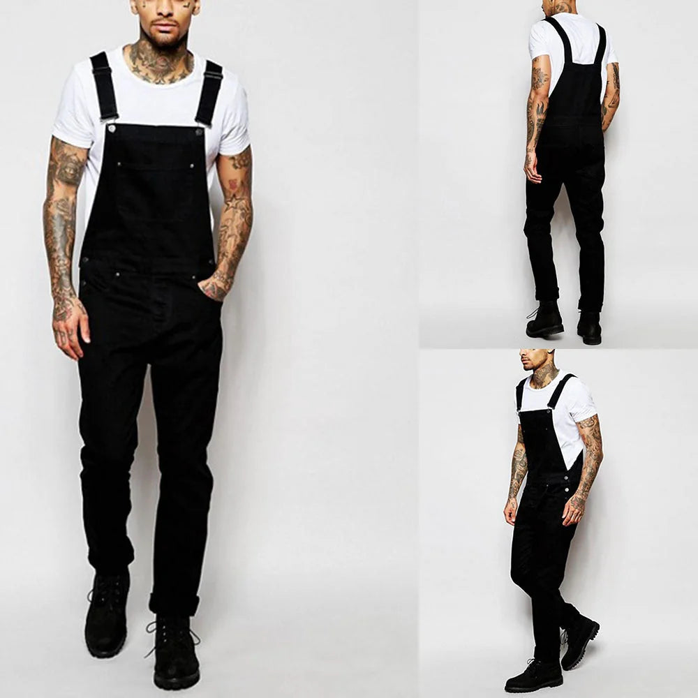 Black Men's Casual Denim Overalls — Julian Stretch Relaxed-Fit Adjustable Straps - Collage Front Back Side