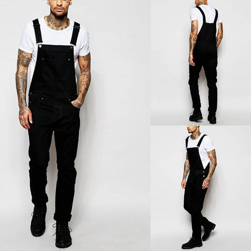 Black Men's Casual Denim Overalls — Julian Stretch Relaxed-Fit Adjustable Straps - Collage Front Back Side