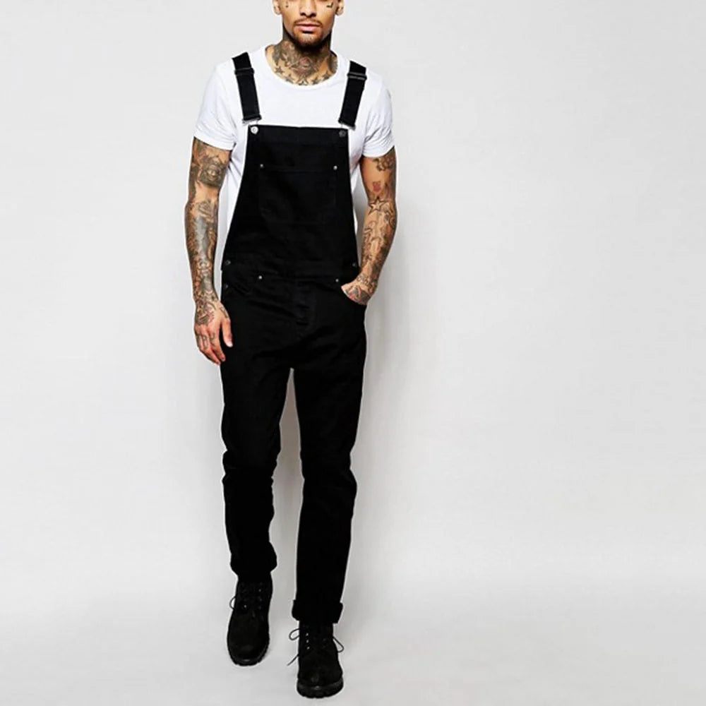 Black Men's Casual Denim Overalls — Julian Stretch Relaxed-Fit Adjustable Straps - Front Full Pose
