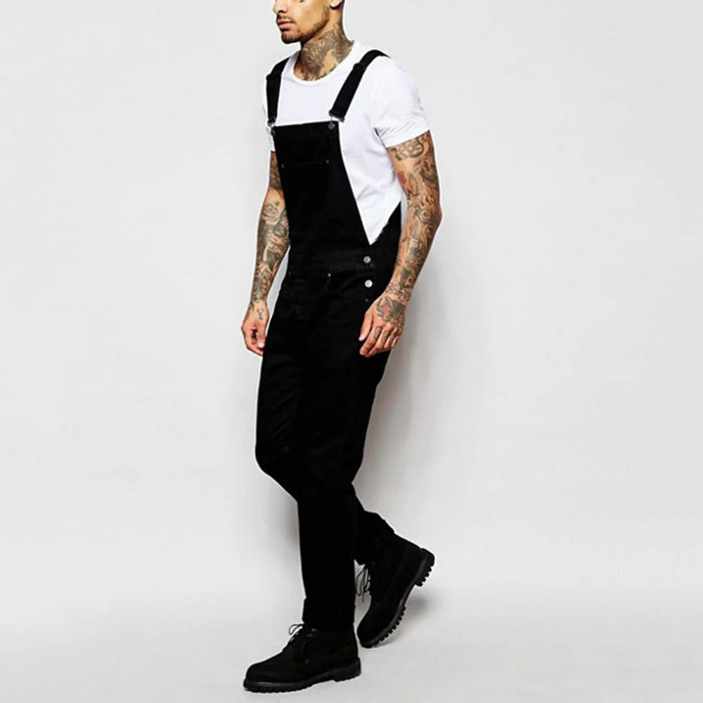 Black Men's Casual Denim Overalls — Julian Stretch Relaxed-Fit Adjustable Straps - Side Walking