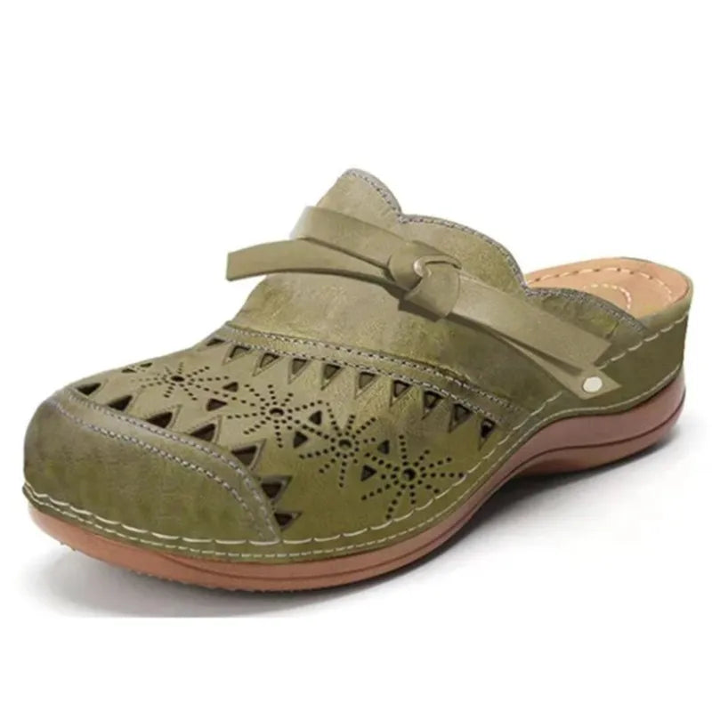 Army Green Women's Perforated Wedge Clogs — Indigo Cushioned Buckle-Strap Cutout