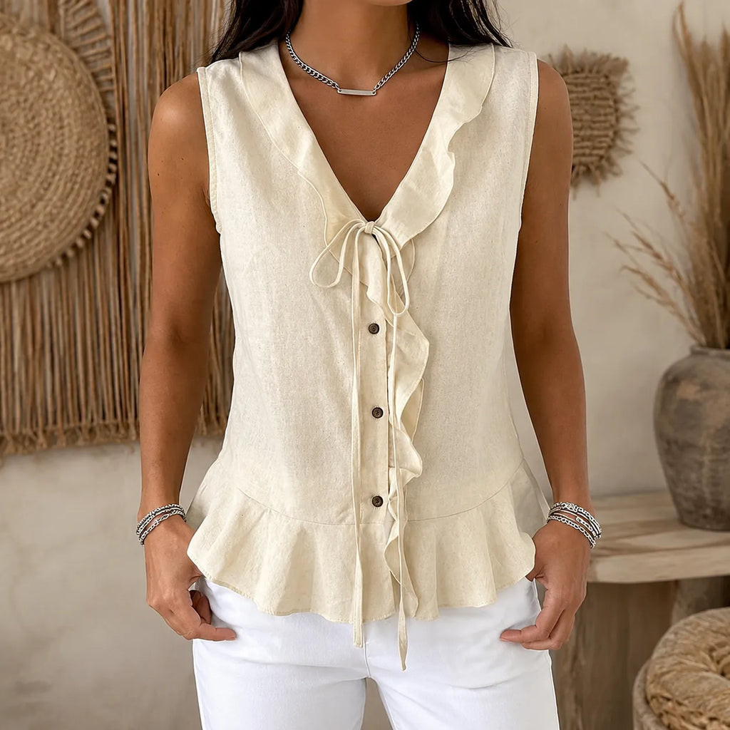 Women's Ruffle V-Neck Blouse — Edith Button-Front Bow-Tie Peplum