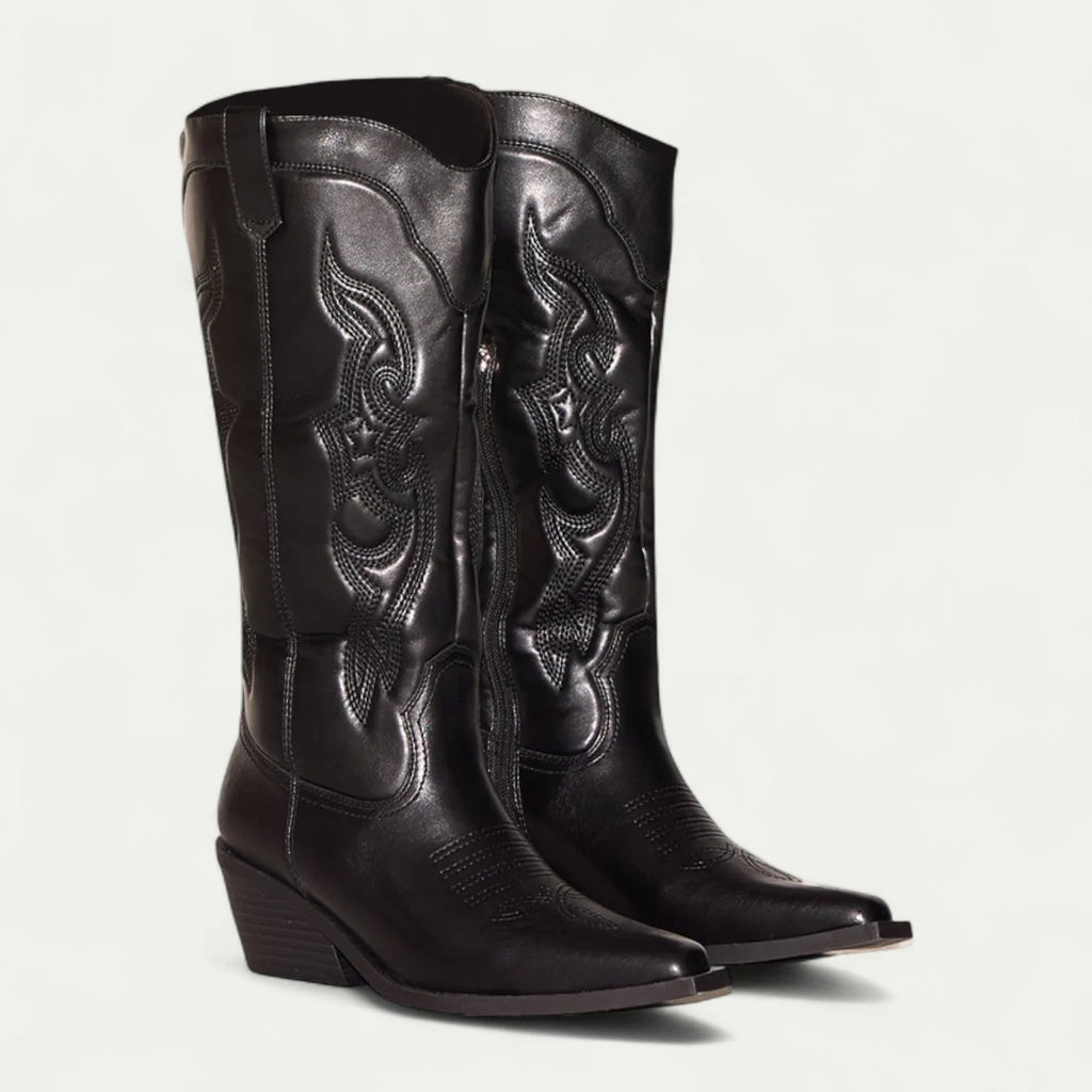 Black Women's Western Boots — Kira Faux Leather Embroidered Pointed Toe - Front Pair