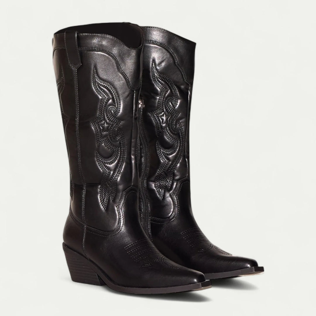 Black Women's Western Boots — Kira Faux Leather Embroidered Pointed Toe - Front Pair