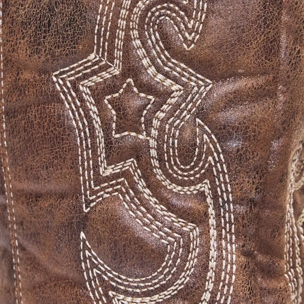 Brown Women's Western Boots — Kira Faux Leather Embroidered Pointed Toe - Close Up Embroidery