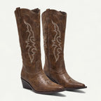 Brown Women's Western Boots — Kira Faux Leather Embroidered Pointed Toe - Front Pair