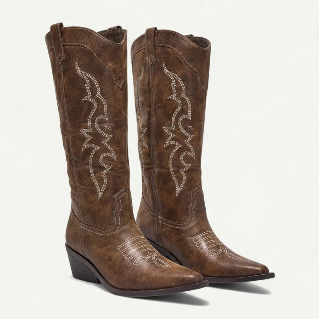 Brown Women's Western Boots — Kira Faux Leather Embroidered Pointed Toe - Front Pair