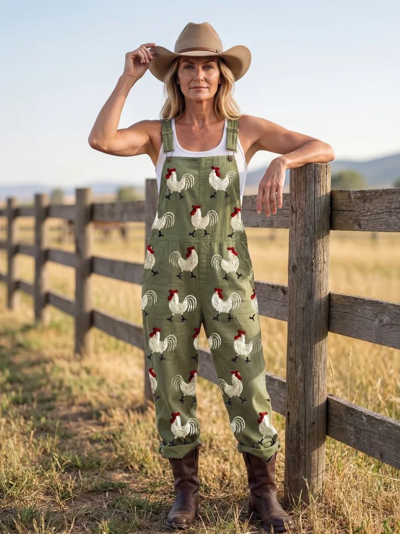 Military Green Women's Embroidered Jumpsuits — Aria Relaxed-Fit Cuffed Farmhouse - Fence Lean Pose
