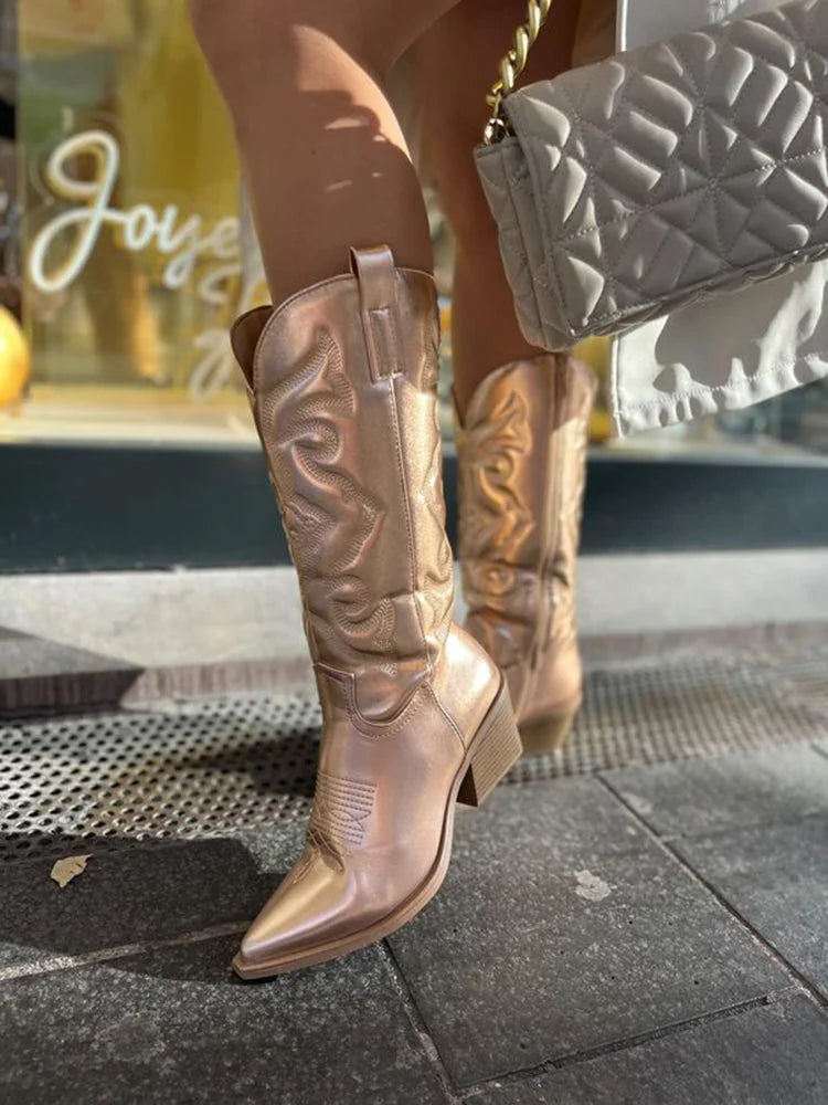 Gold Women's Embroidered Western Boots — Maelle Faux Leather Block Heel Pointed Toe - Walking Street Style