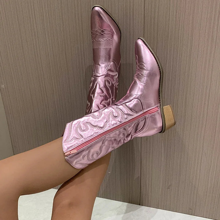 Pink Women's Embroidered Western Boots — Maelle Faux Leather Block Heel Pointed Toe - Legs Up Pose