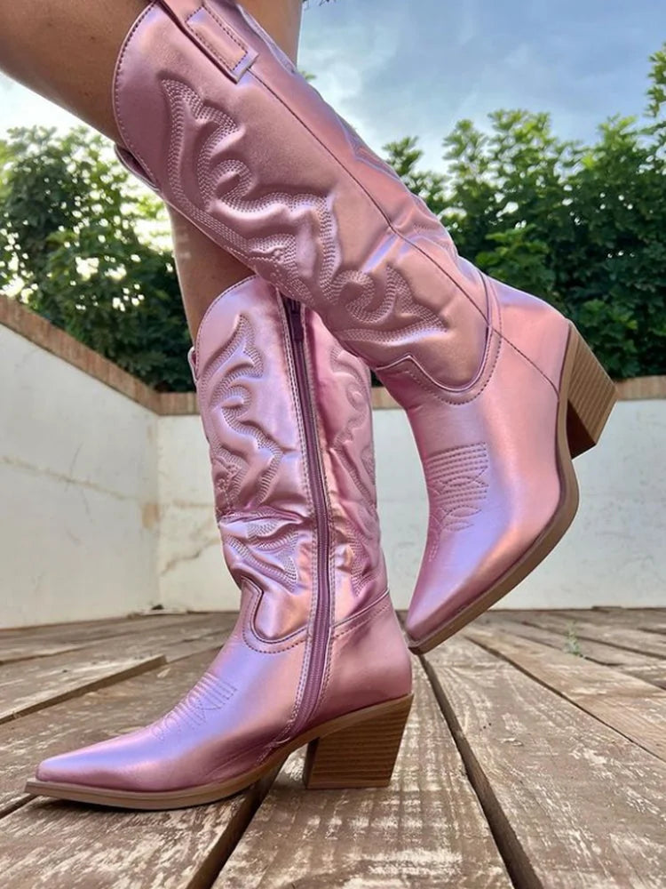 Pink Women's Embroidered Western Boots — Maelle Faux Leather Block Heel Pointed Toe - Outdoor Crossed Legs