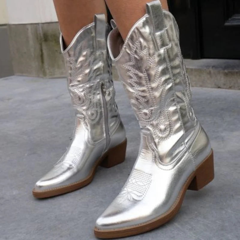 Silver Women's Embroidered Western Boots — Maelle Faux Leather Block Heel Pointed Toe - Close Up Walking