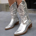 Silver Women's Embroidered Western Boots — Maelle Faux Leather Block Heel Pointed Toe - Close Up Walking