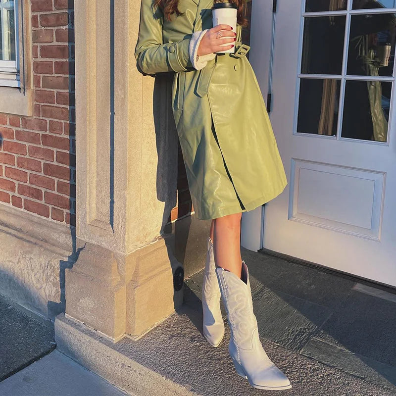 White Women's Embroidered Western Boots — Maelle Faux Leather Block Heel Pointed Toe - Close Up Outfit