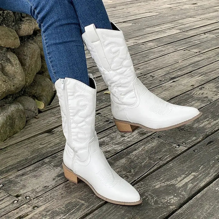 White Women's Embroidered Western Boots — Maelle Faux Leather Block Heel Pointed Toe - Outdoor Wood Deck