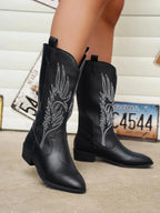 Black Women's Embroidered Western Boots — Eleanor Everyday Pointed-Toe Pull-On - Front View Detail