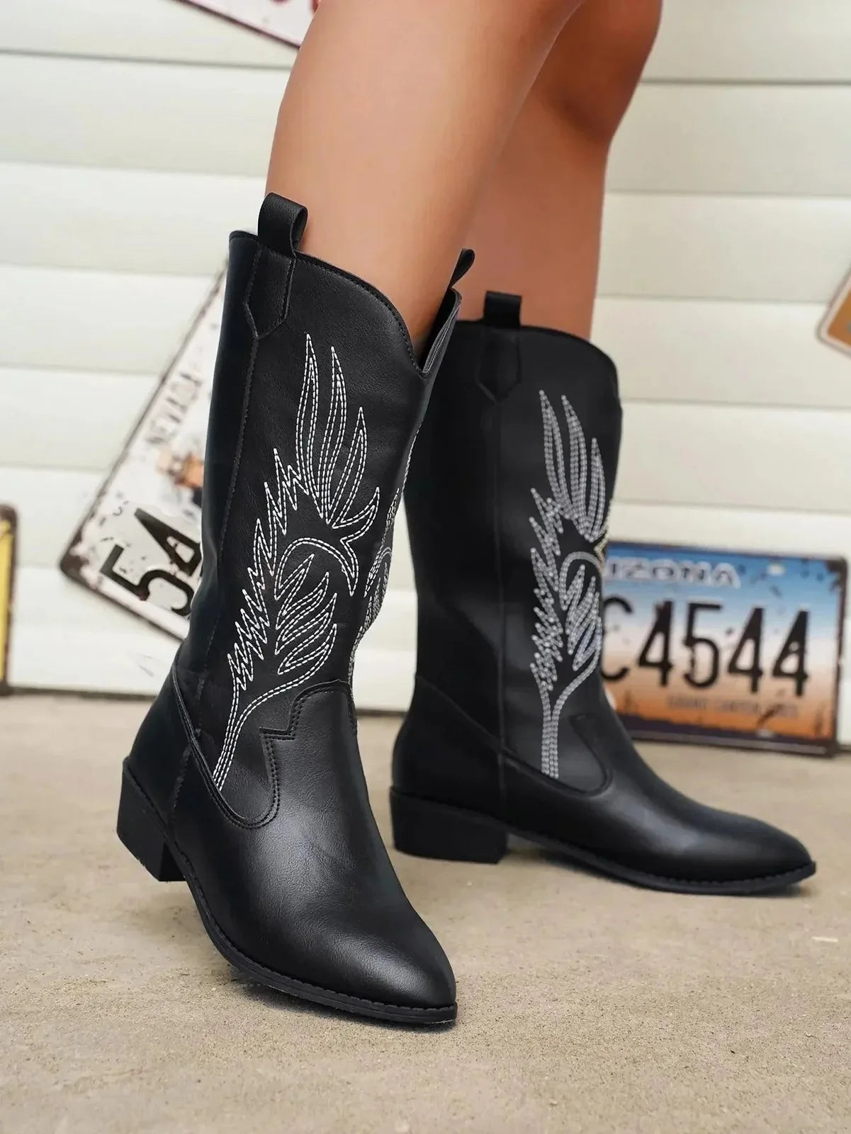 Black Women's Embroidered Western Boots — Eleanor Everyday Pointed-Toe Pull-On - Front View Detail