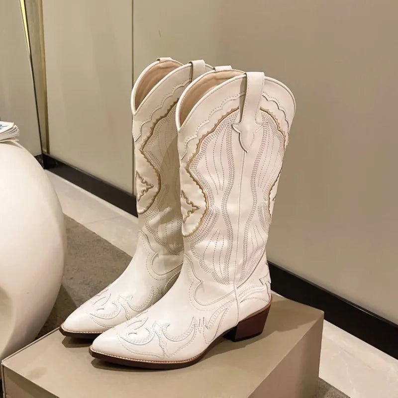 Cream Women's Embroidered Western Boots — Zelda Statement Pointed-Toe Block-Heel - Front Full