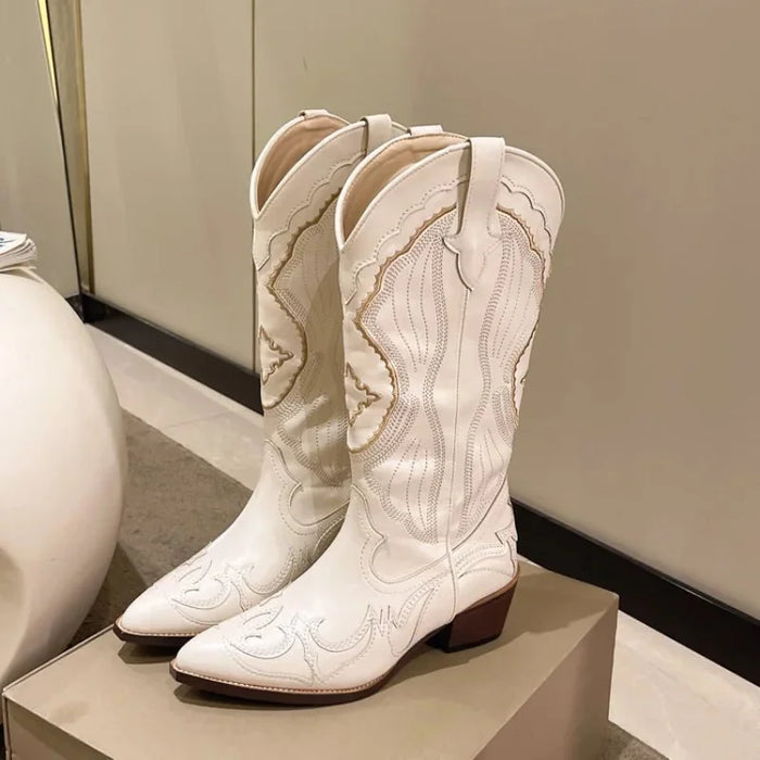 Cream Women's Embroidered Western Boots — Zelda Statement Pointed-Toe Block-Heel - Front Full