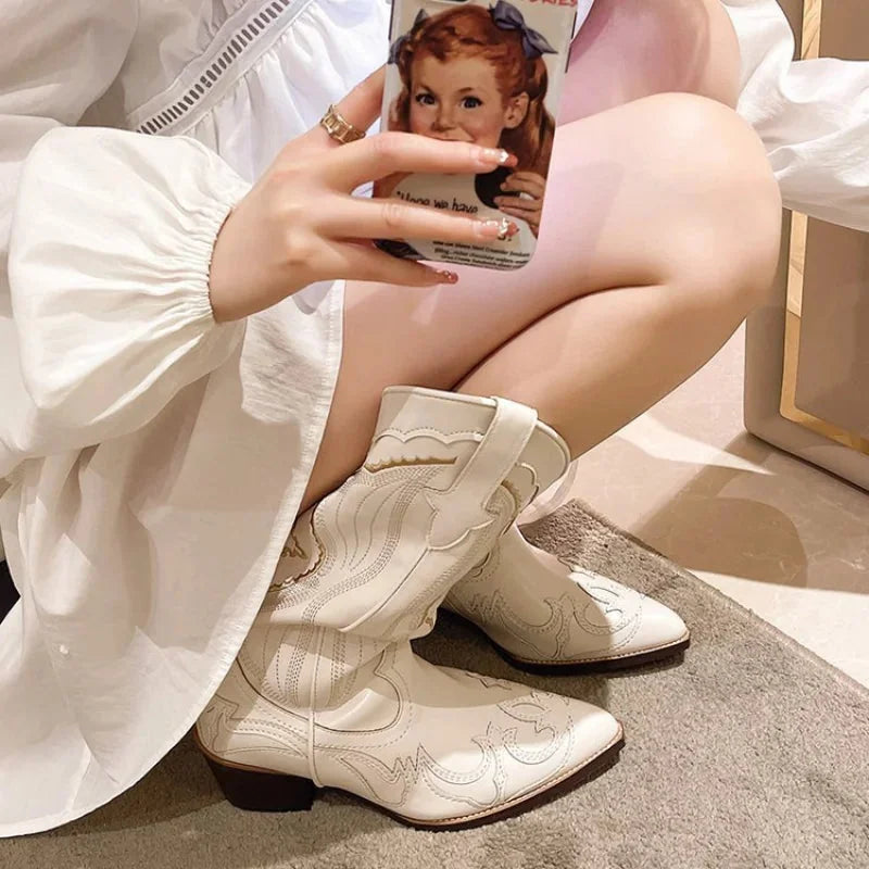 Cream Women's Embroidered Western Boots — Zelda Statement Pointed-Toe Block-Heel - Lifestyle Selfie