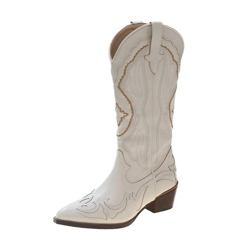 Cream Women's Embroidered Western Boots — Zelda Statement Pointed-Toe Block-Heel - Studio White