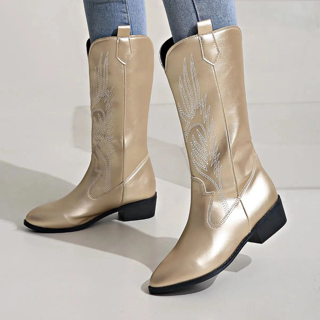 Gold Women's Embroidered Western Boots — Eleanor Everyday Pointed-Toe Pull-On - Walking Side Profile