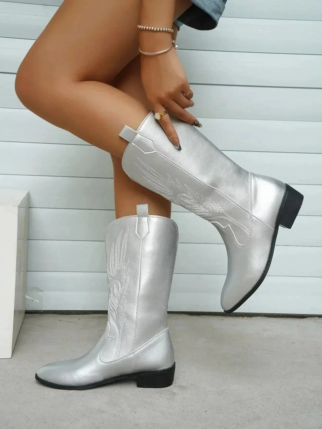 Silver Women's Embroidered Western Boots — Eleanor Everyday Pointed-Toe Pull-On - Kneeling Adjusting Boot