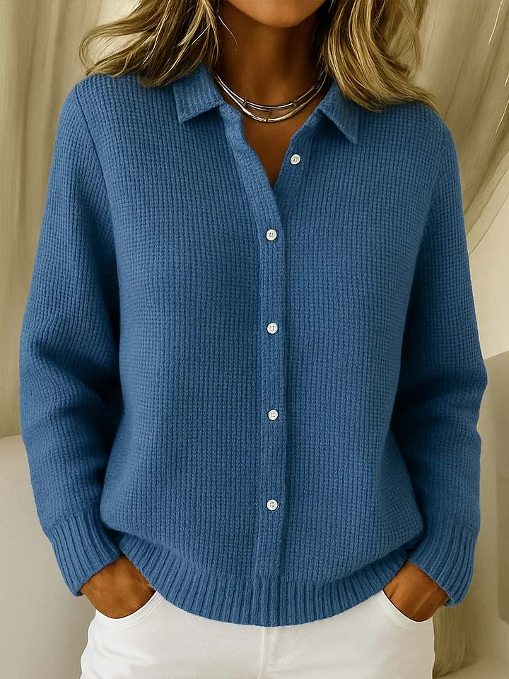 Dark Blue Women's Button-Front Knit Cardigan — Liv Waffle-Knit Collared Oversized