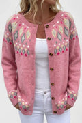 Pink Women's Pink Fair Isle Cardigan — Cora Button-Front Long Sleeve Knit - Front Full
