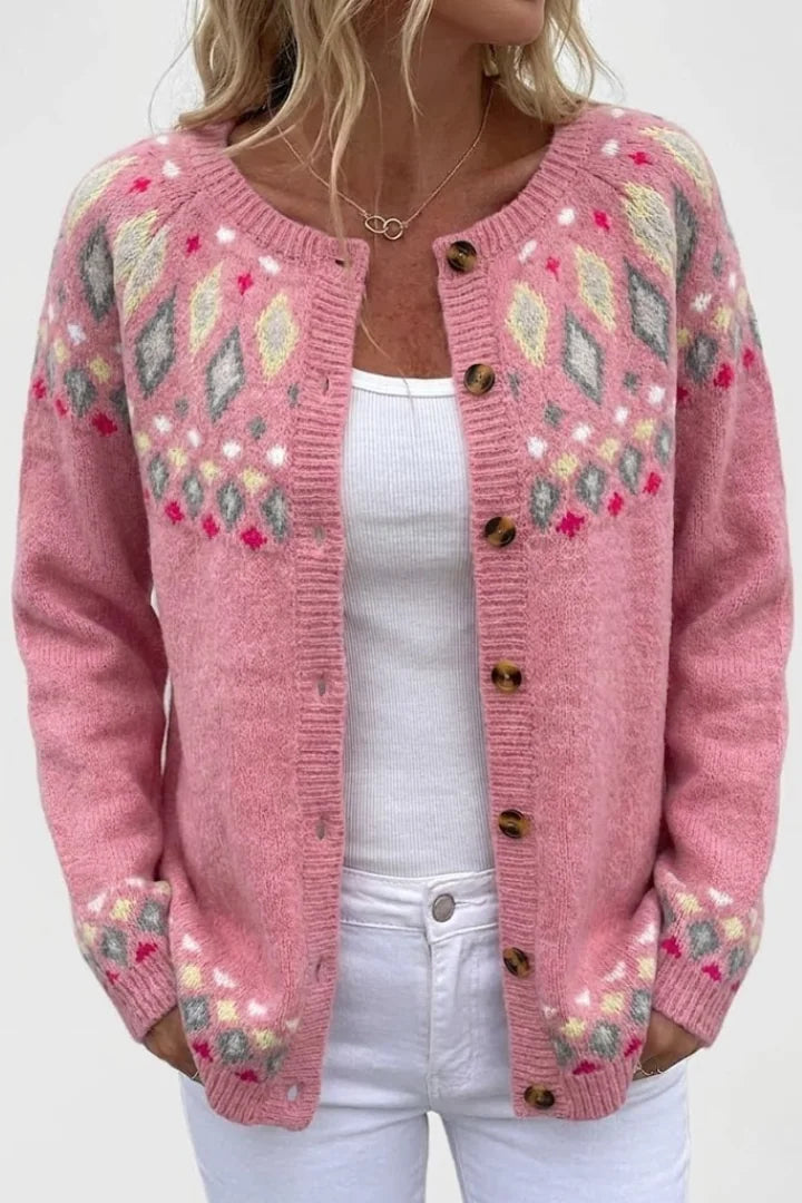 Pink Women's Pink Fair Isle Cardigan — Cora Button-Front Long Sleeve Knit - Front Full