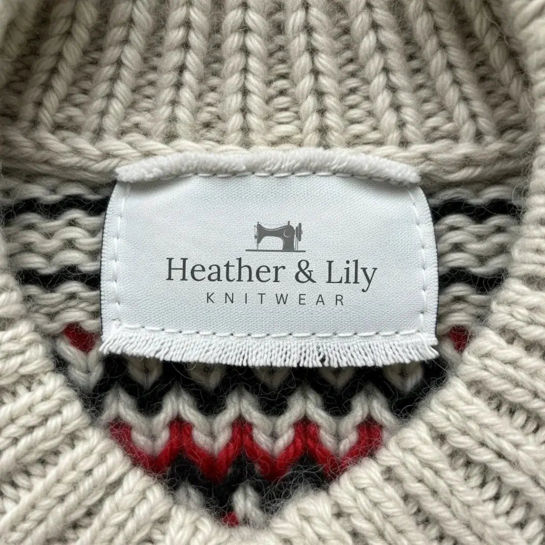 Cream Women's Fair Isle Knit Cardigan — Nova Wool Button-Front Nordic Yoke - Brand Tag Detail