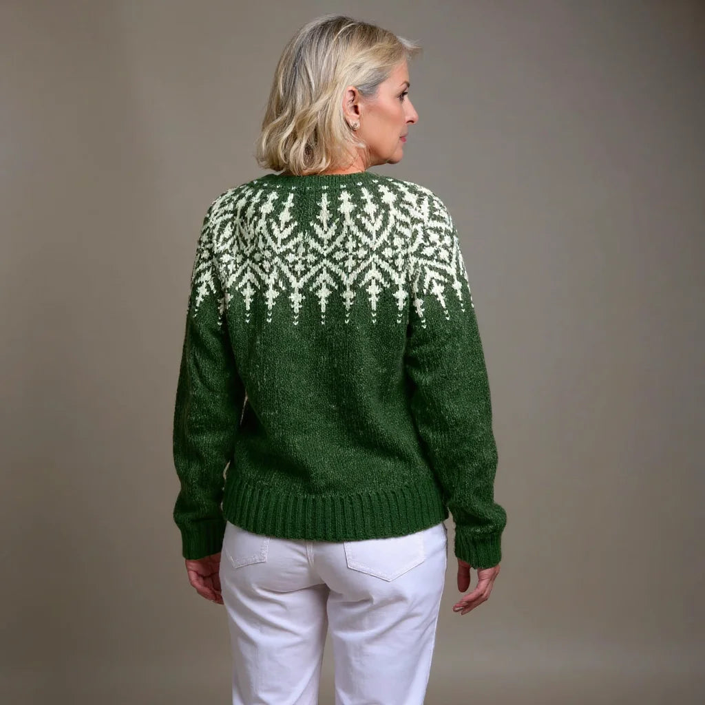 Green Women's Fair Isle Knit Cardigan — Nova Wool Button-Front Nordic Yoke - Back Full