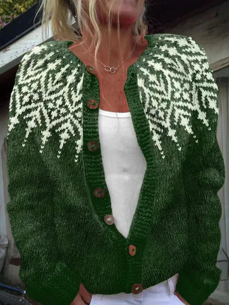 Green Women's Fair Isle Knit Cardigan — Nova Wool Button-Front Nordic Yoke - Close Up Neckline