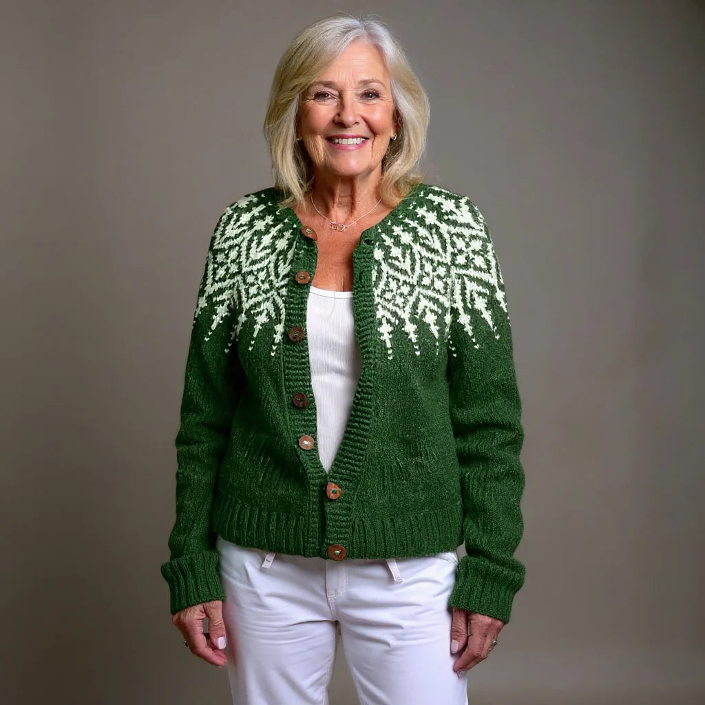 Green Women's Fair Isle Knit Cardigan — Nova Wool Button-Front Nordic Yoke - Front Full