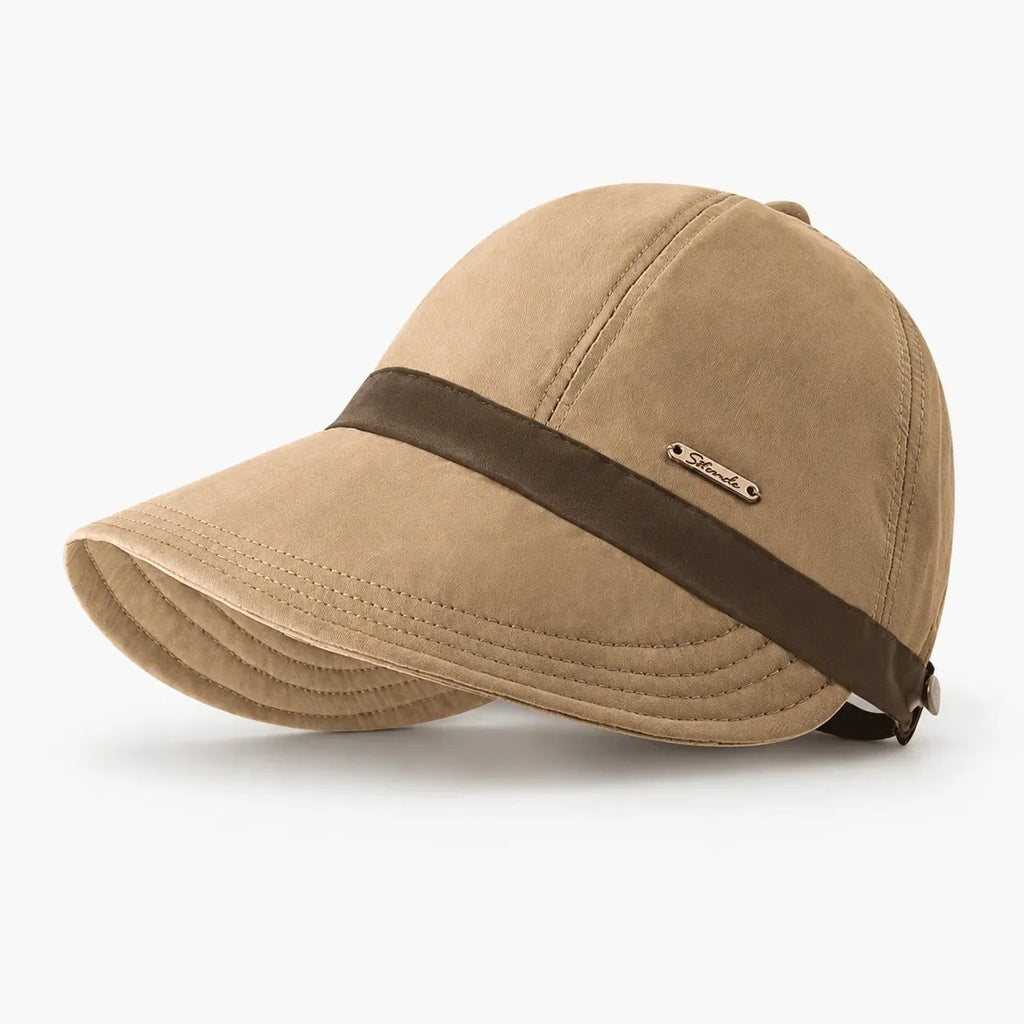 Beige Women's Foldable Wide Brim Sun Hat — Cherry Lightweight UPF 50+ Adjustable - Studio Side Tan Trim