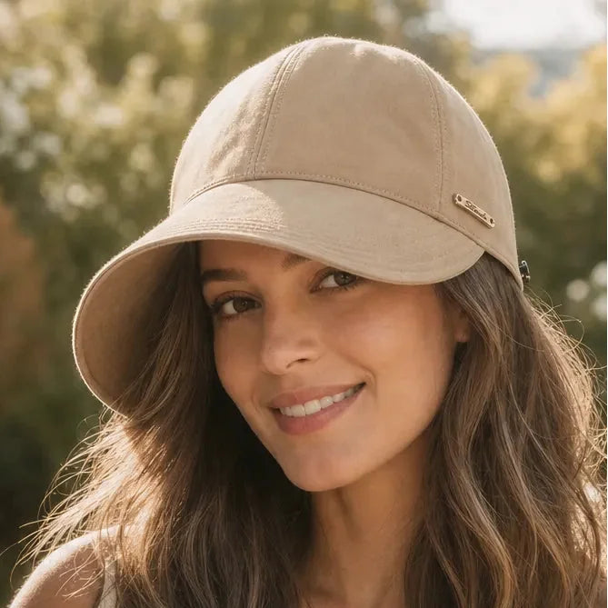 Camel Women's Foldable Wide Brim Sun Hat — Cherry Lightweight UPF 50+ Adjustable - Front Close Portrait